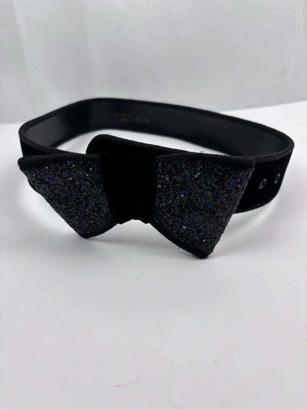 Vintage Black Velvet Glitter Bow Belt Made in USA Retro Statement Waist Belt M